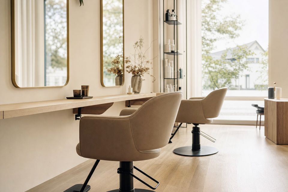 Helles Stimmungsbild des Salons: Waschplatz und Frisierstuhl in warmem Tageslicht